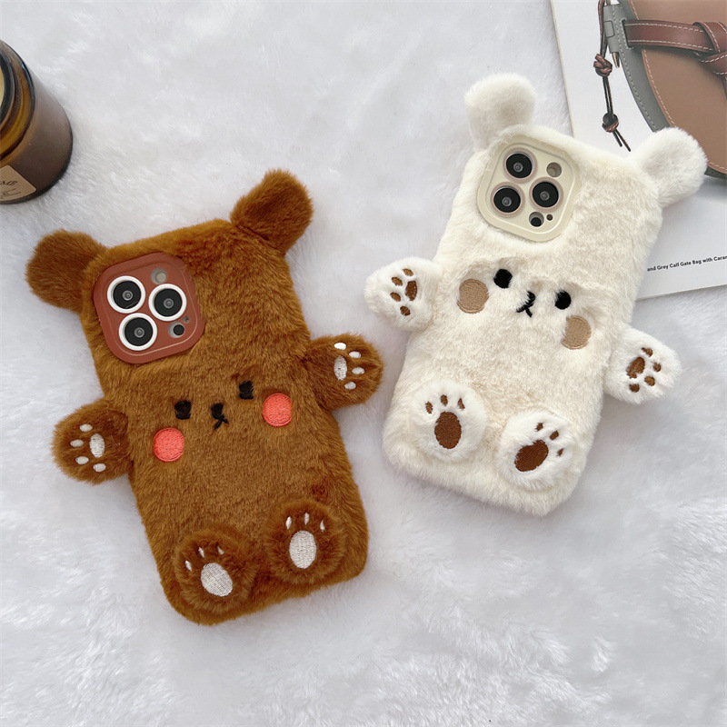 Phone Cases Apple - Korean 3D Cartoon Bear Fluffy Plush