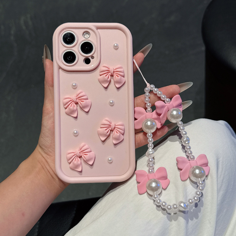 Phone Cases With Charms - Pink Phone Case With Bowknot Pearl